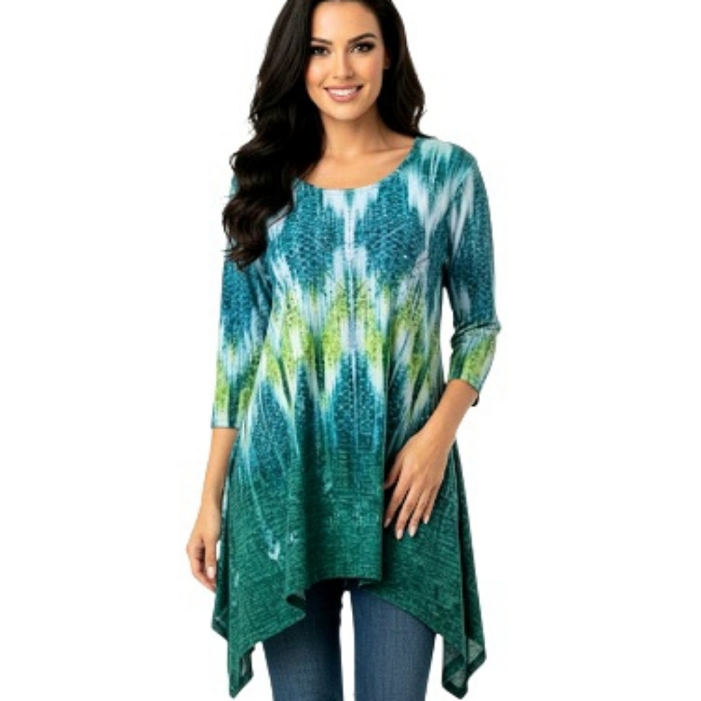 One World Live and Let Live Asymmetrical Beaded Top Green Studded Size Medium